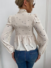 Heart Print Shirred Bishop Sleeve Stand Collar Blouse